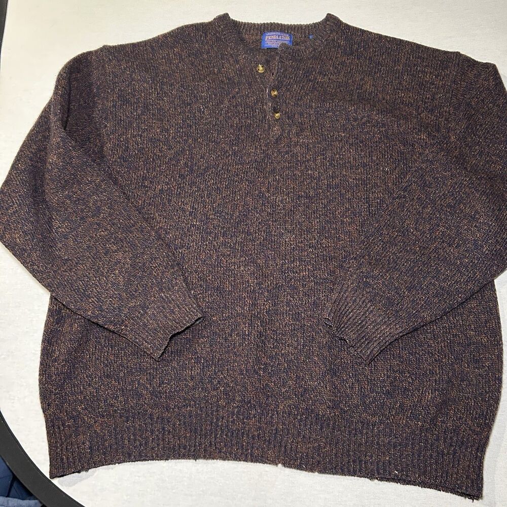 Pendleton XL Shetland Wool Henley Sweater Crew Neck Mens Chunky Knit Brown, READ